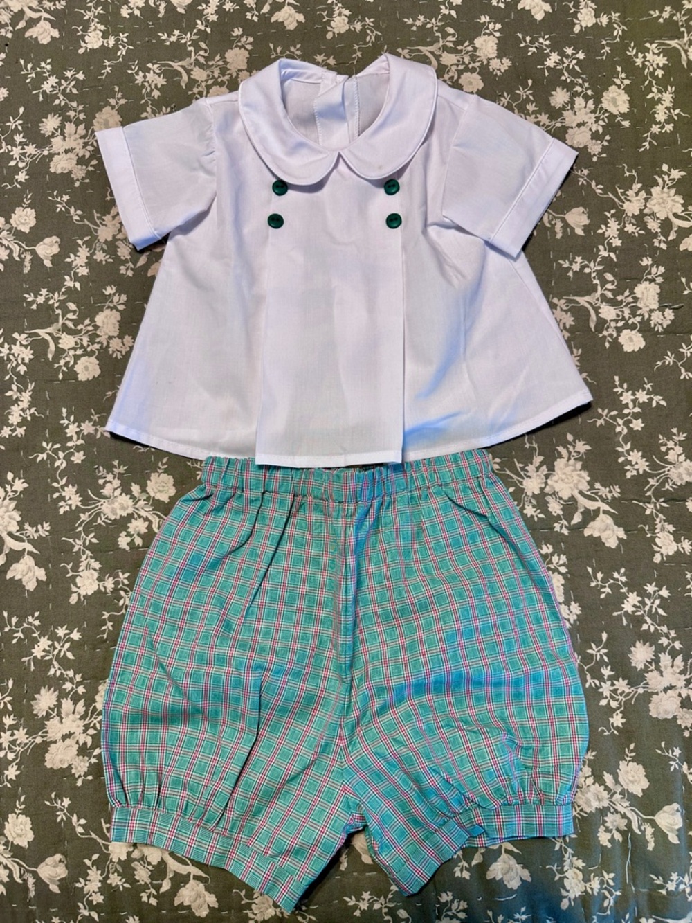 Boys Two-Piece Short Set White Peter Pan Top & Green Plaid Shorts